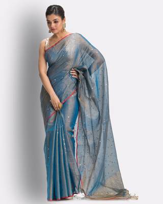 Blue hand woven cotton silk saree with blouse 2