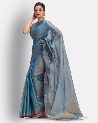 Blue hand woven cotton silk saree with blouse 3