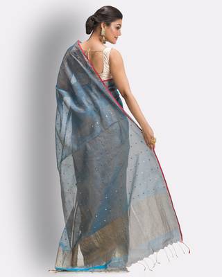 Blue hand woven cotton silk saree with blouse 4