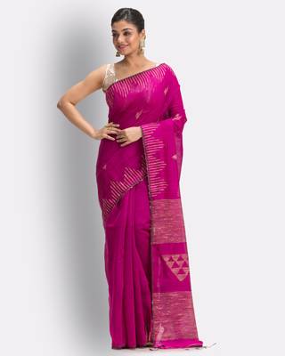 Pink hand woven blended cotton saree with blouse 1