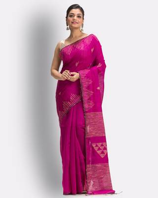 Pink hand woven blended cotton saree with blouse 2