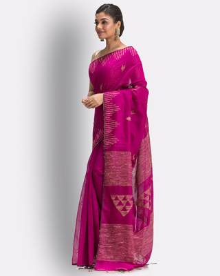 Pink hand woven blended cotton saree with blouse 3