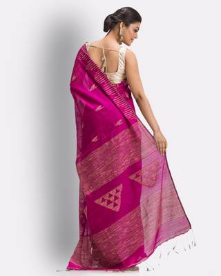 Pink hand woven blended cotton saree with blouse 4