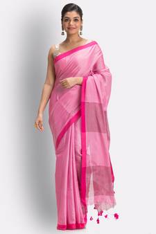 Pink hand woven cotton silk saree with blouse
