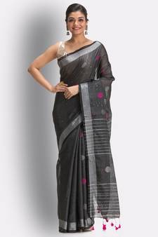 Black hand woven blended cotton saree with blouse