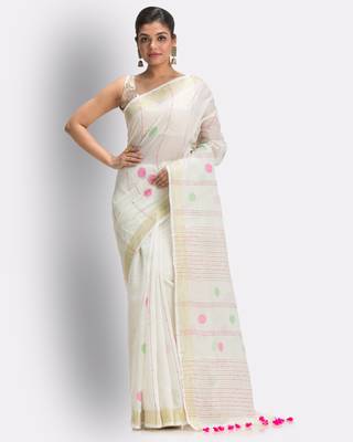 White hand woven blended cotton saree with blouse 1