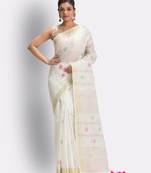 White hand woven blended cotton saree with blouse
