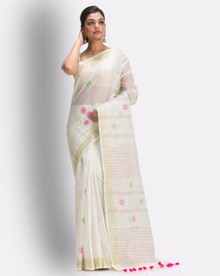 White hand woven blended cotton saree with blouse 2