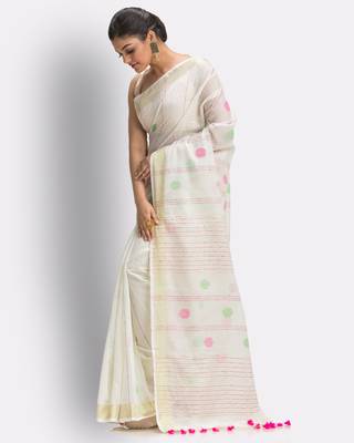 White hand woven blended cotton saree with blouse 3