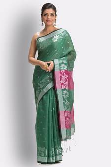 Green hand woven blended cotton saree with blouse