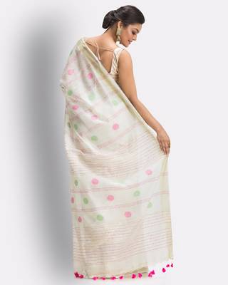 White hand woven blended cotton saree with blouse 4