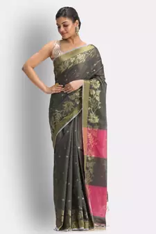 Grey hand woven blended cotton saree with blouse