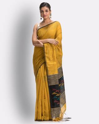 Yellow hand woven blended cotton saree with blouse 1