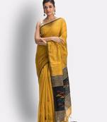 Yellow hand woven blended cotton saree with blouse