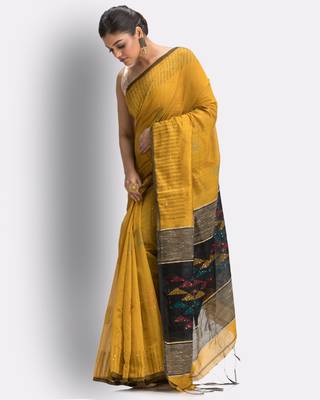 Yellow hand woven blended cotton saree with blouse 2