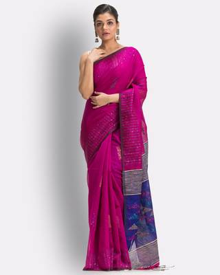 Pink hand woven blended cotton saree with blouse 1