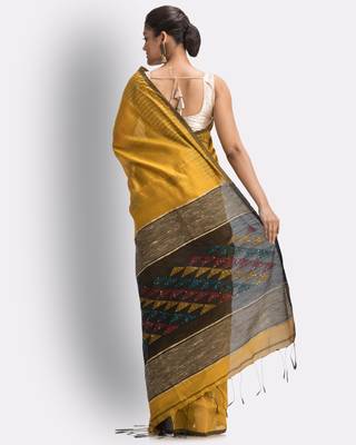 Yellow hand woven blended cotton saree with blouse 3