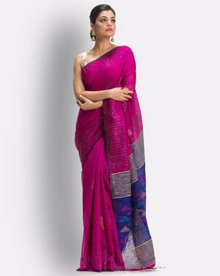 Pink hand woven blended cotton saree with blouse 2