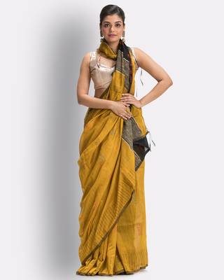 Yellow hand woven blended cotton saree with blouse 4