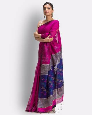 Pink hand woven blended cotton saree with blouse 3