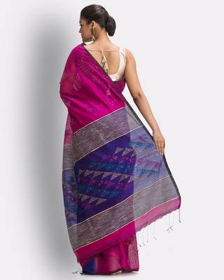 Pink hand woven blended cotton saree with blouse 4