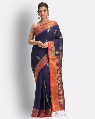 Navy blue hand woven linen saree with blouse 1
