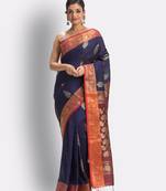 Navy blue hand woven linen saree with blouse
