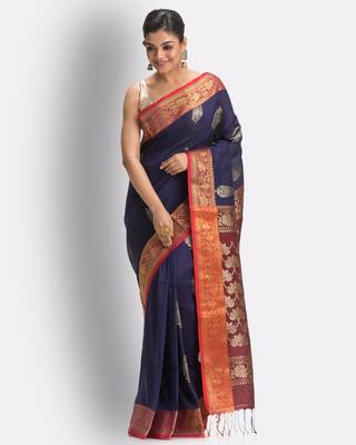 Navy blue hand woven linen saree with blouse 2