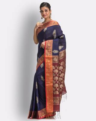 Navy blue hand woven linen saree with blouse 3