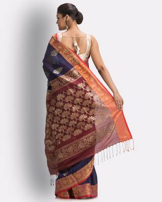 Navy blue hand woven linen saree with blouse 4