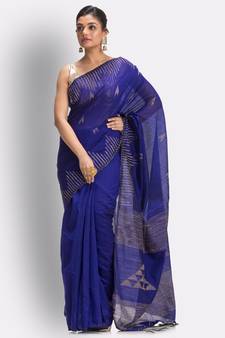 Blue hand woven blended cotton saree with blouse
