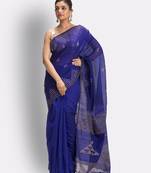 Blue hand woven blended cotton saree with blouse