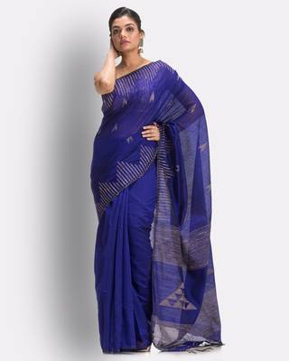 Blue hand woven blended cotton saree with blouse 2
