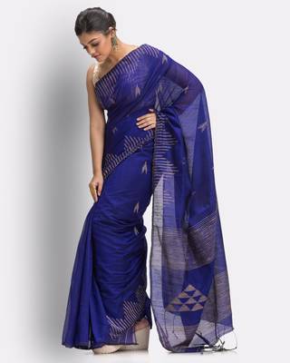 Blue hand woven blended cotton saree with blouse 3