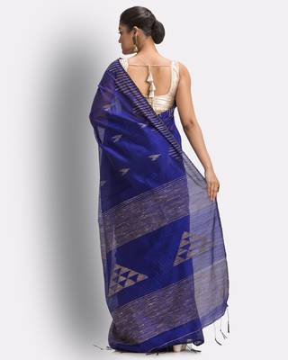 Blue hand woven blended cotton saree with blouse 4