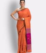 Orange hand woven blended cotton saree with blouse
