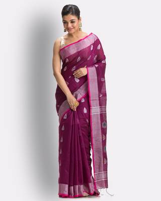 Magenta hand woven blended cotton saree with blouse 1