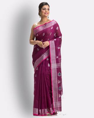 Magenta hand woven blended cotton saree with blouse 2