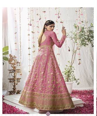 Baby Pink embroidery net semi stitch A-Line gowns 1