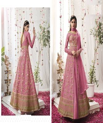 Baby Pink embroidery net semi stitch A-Line gowns 2