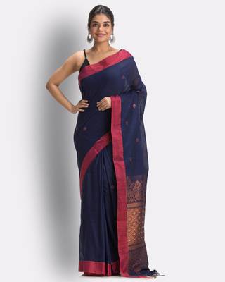 Navy blue hand woven cotton saree with blouse 1