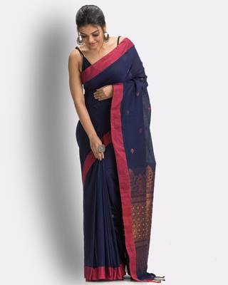 Navy blue hand woven cotton saree with blouse 2