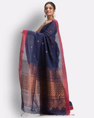 Navy blue hand woven cotton saree with blouse 3