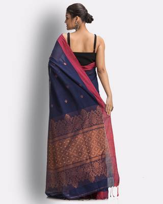 Navy blue hand woven cotton saree with blouse 4