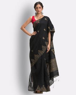 Black hand woven blended cotton saree with blouse 1