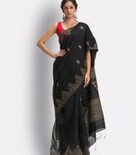Black hand woven blended cotton saree with blouse