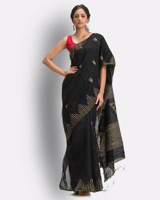 Black hand woven blended cotton saree with blouse 2