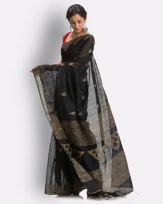 Black hand woven blended cotton saree with blouse 3