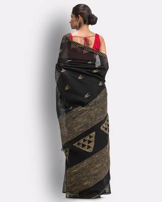 Black hand woven blended cotton saree with blouse 4