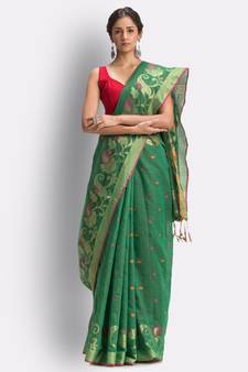 Green hand woven blended cotton saree with blouse